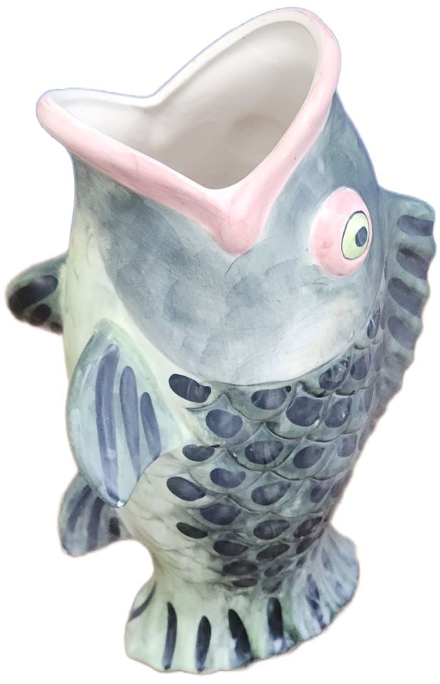 Vintage folk art rare hand-painted ceramic Gluggle fish pitcher jug. - 6