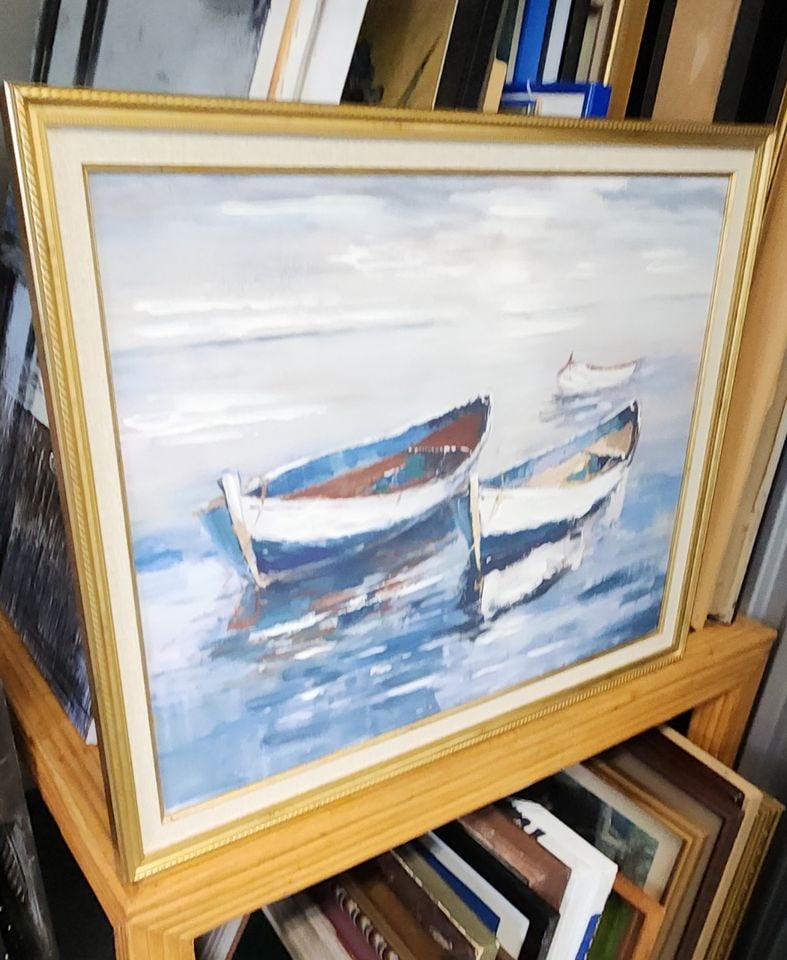 Vintage impasto-style impressionist oil painting of rowboats w/ rich texture and vibrant colors. - 2