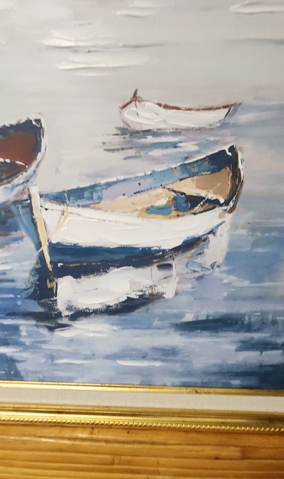 Vintage impasto-style impressionist oil painting of rowboats w/ rich texture and vibrant colors. - 3