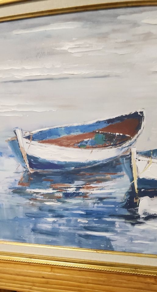 Vintage impasto-style impressionist oil painting of rowboats w/ rich texture and vibrant colors. - 4