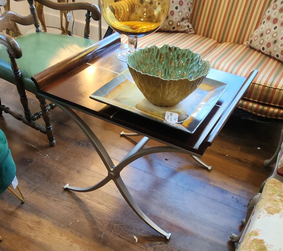 Vintage Klasseur International Designer Deco-Style Wood and Metal Large Accent Table: Vintage Klasseur International Designer Deco-Style Wood and Metal Large Accent Table Shipping: Domestic: Shipping rates are determined by destination International: Foreign shipping rates are determin