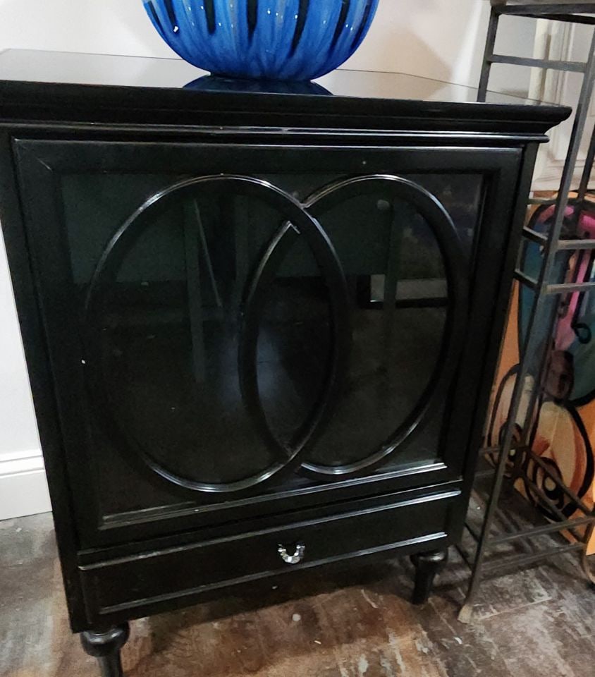 Modern designer deco-style black lacquer cabinet w/ pop-open glass door & bottom drawer. 24w x 18.5 - 5