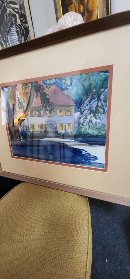 Wonderful original vintage watercolor depicting a home with its surrounding foliage. - 5