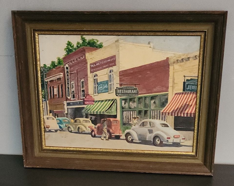 Vintage early 20th century oil painting (not original) of Street Scene on board. Circa 40s/50s: Vintage early 20th century oil painting (not original) of Street Scene on board. Circa 40s/50s Shipping:Domestic: Shipping rates are determined by destinationInternational: Foreign shipping rates