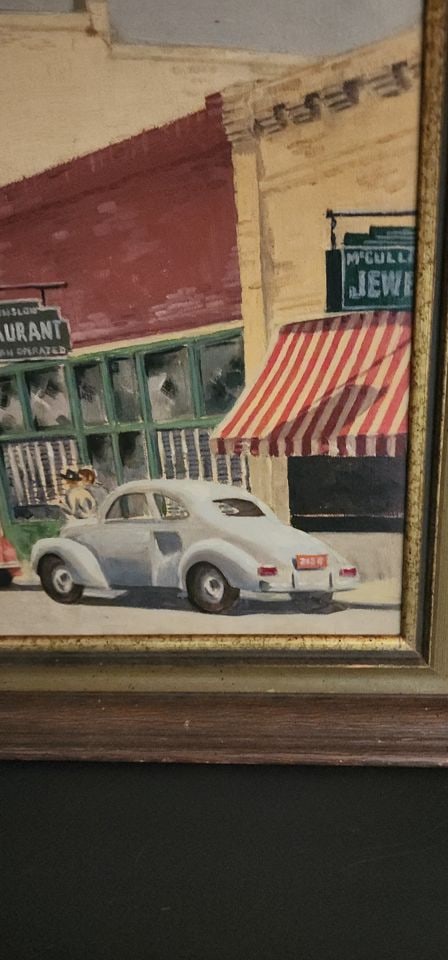 Vintage early 20th century oil painting (not original) of Street Scene on board. Circa 40s/50s - 2