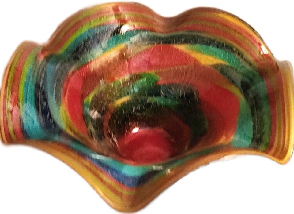 Distinctive vintage hand-blown art glass heavy designer bowl. Murano attribution. 16" Diam 10" h. (1 of 7)