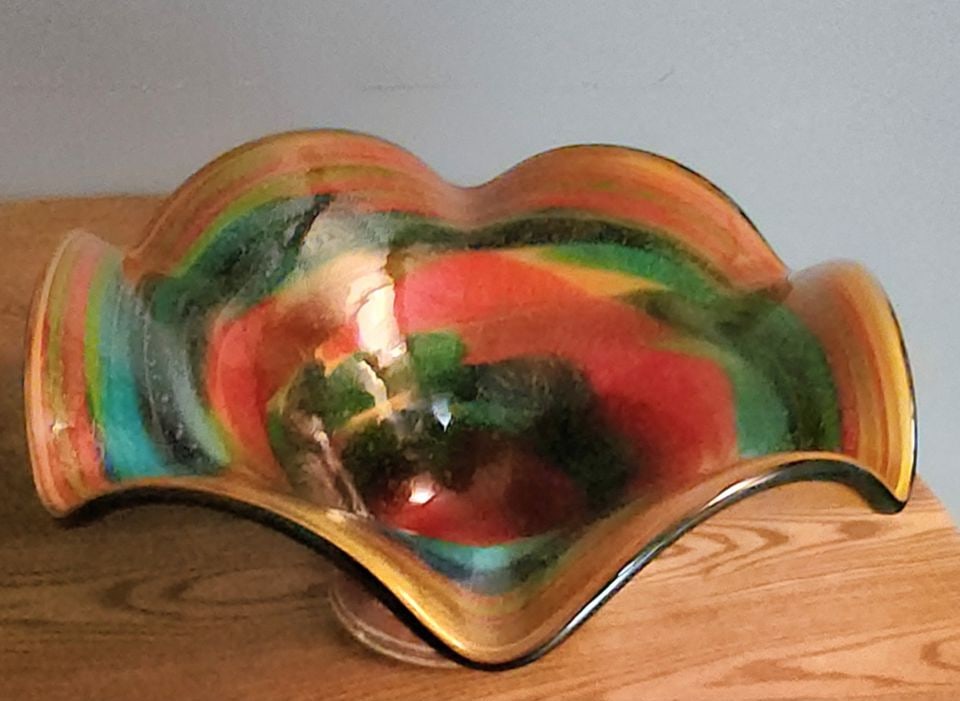 Distinctive vintage hand-blown art glass heavy designer bowl. Murano attribution. 16" Diam 10" h. - 5