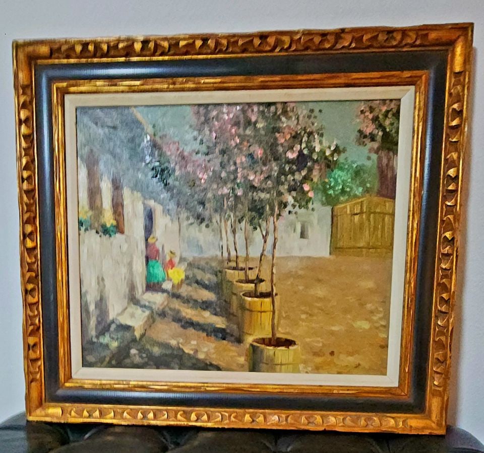 Mid-century impressionist oil painting w/ wonderful image of daily life in country village. Signed.: Mid-century impressionist oil painting w/ wonderful image of daily life in country village. Signed. Shipping: Domestic: Shipping rates are determined by destination International: Foreign shipping rat
