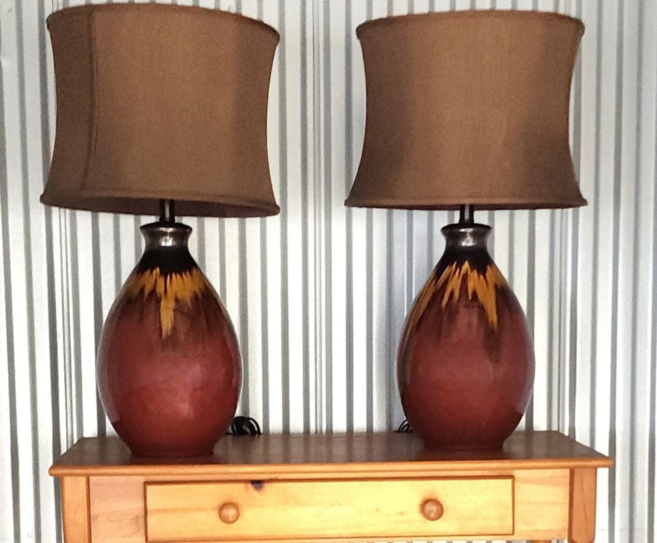 Pair of fabulous rare mid-century ceramic table lamps w/ shades & wonderful earth tone drip glaze. (1 of 4)