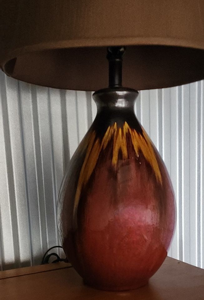 Pair of fabulous rare mid-century ceramic table lamps w/ shades & wonderful earth tone drip glaze. - 2