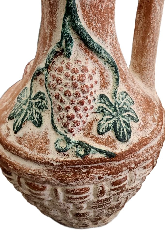 Monumental vintage European terracotta hand-painted vessel w/ vineyard-themed imagery. 24h x 15diam. - 4