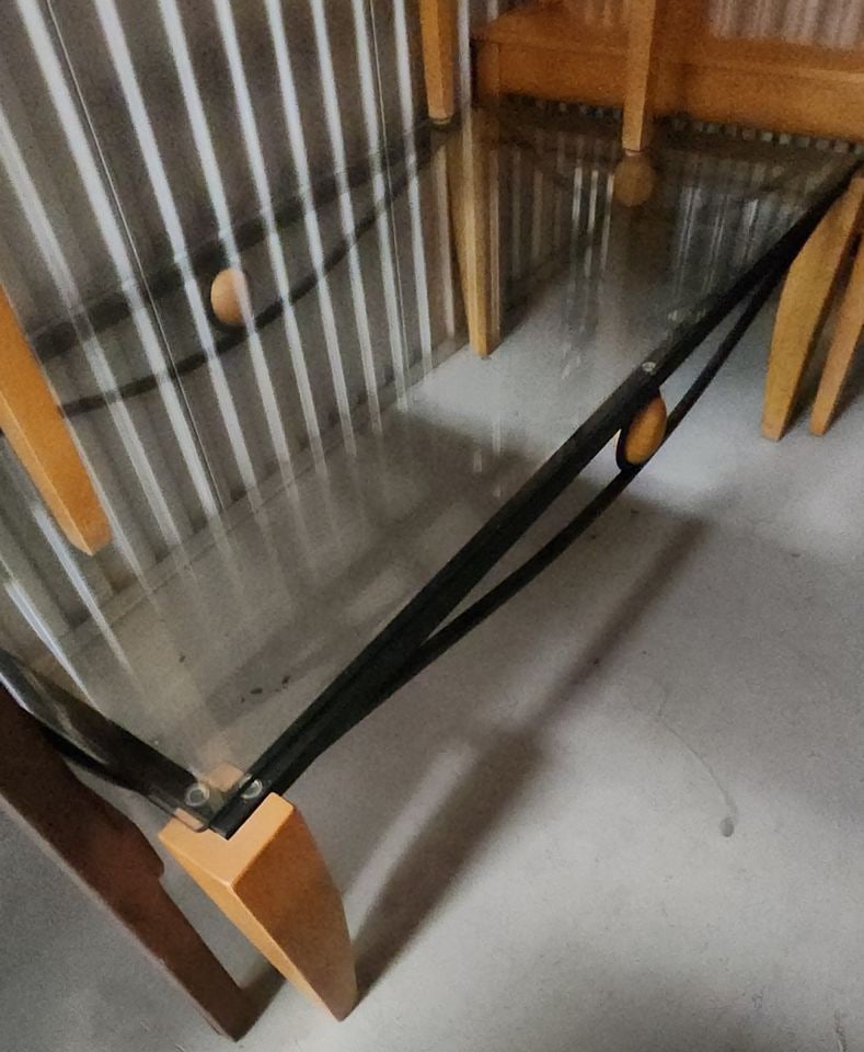 Memphis Style glass top modern living room set w/ coffee table and two side tables. Deco influenced. - 2