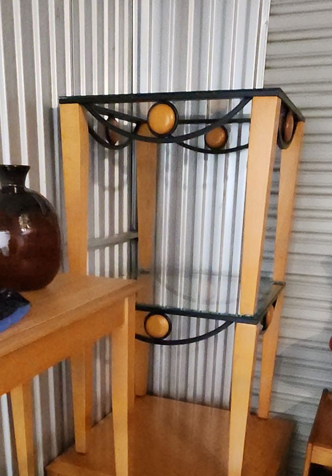 Memphis Style glass top modern living room set w/ coffee table and two side tables. Deco influenced. - 4