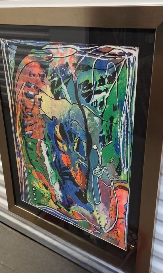 Alberto Prieto vibrant abstract expressionist oil painting w/ aquatic theme. Signed. - 2