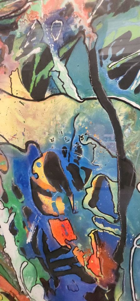 Alberto Prieto vibrant abstract expressionist oil painting w/ aquatic theme. Signed. - 4