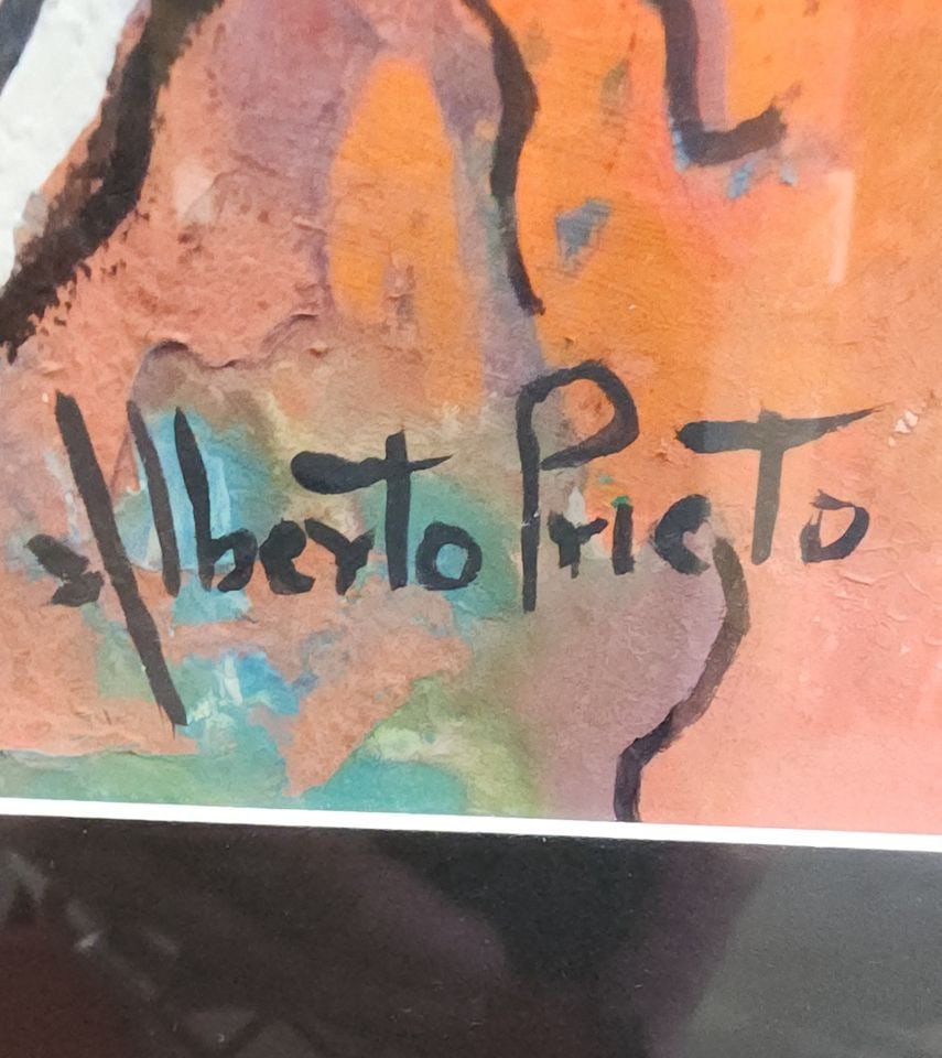 Alberto Prieto vibrant abstract expressionist oil painting w/ aquatic theme. Signed. - 5