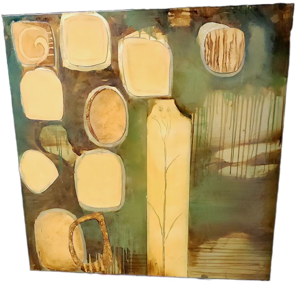 Vintage bold mid-century mixed media oil painting on board w/ enamel lacquer finish. 30" x 30" (1 of 4)