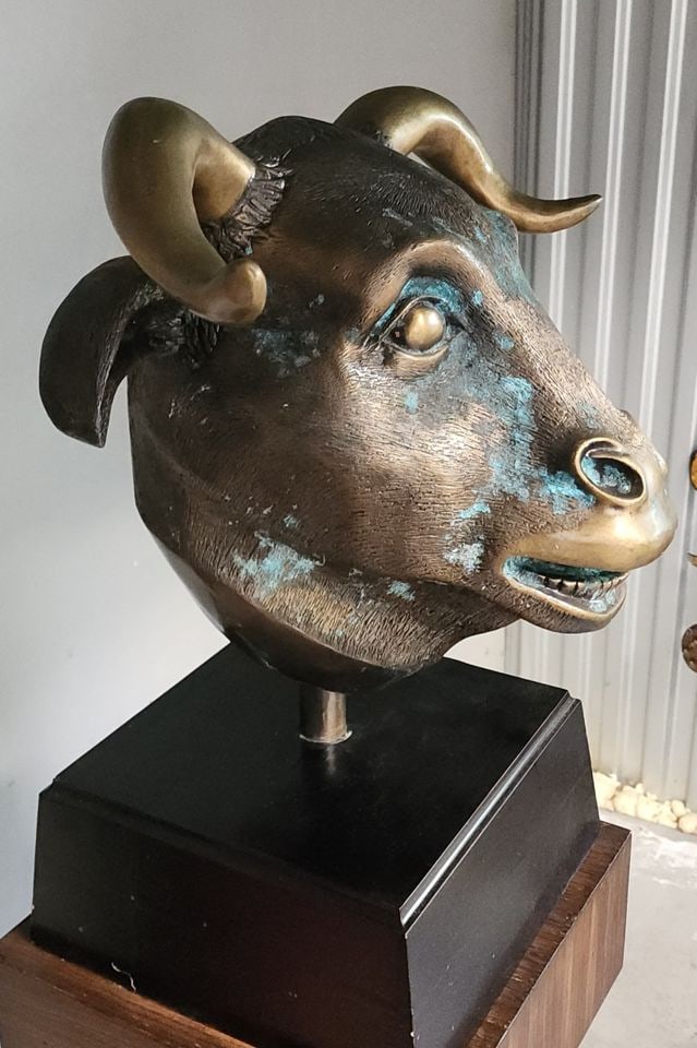 Powerful engraved bronze sculpture of Bull's head making strong artistic statement. - 3