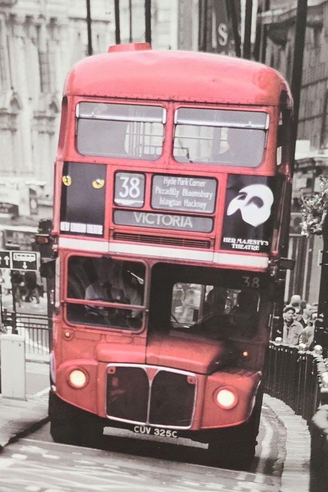 Vintage 4x6' framed photo of iconic Routemaster double decker bus on London Street. Made in Poland - 2
