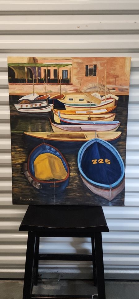 Bonnie Pitt Vintage superb nautical impressionist oil painting showing boats in harbor... Signed - 2