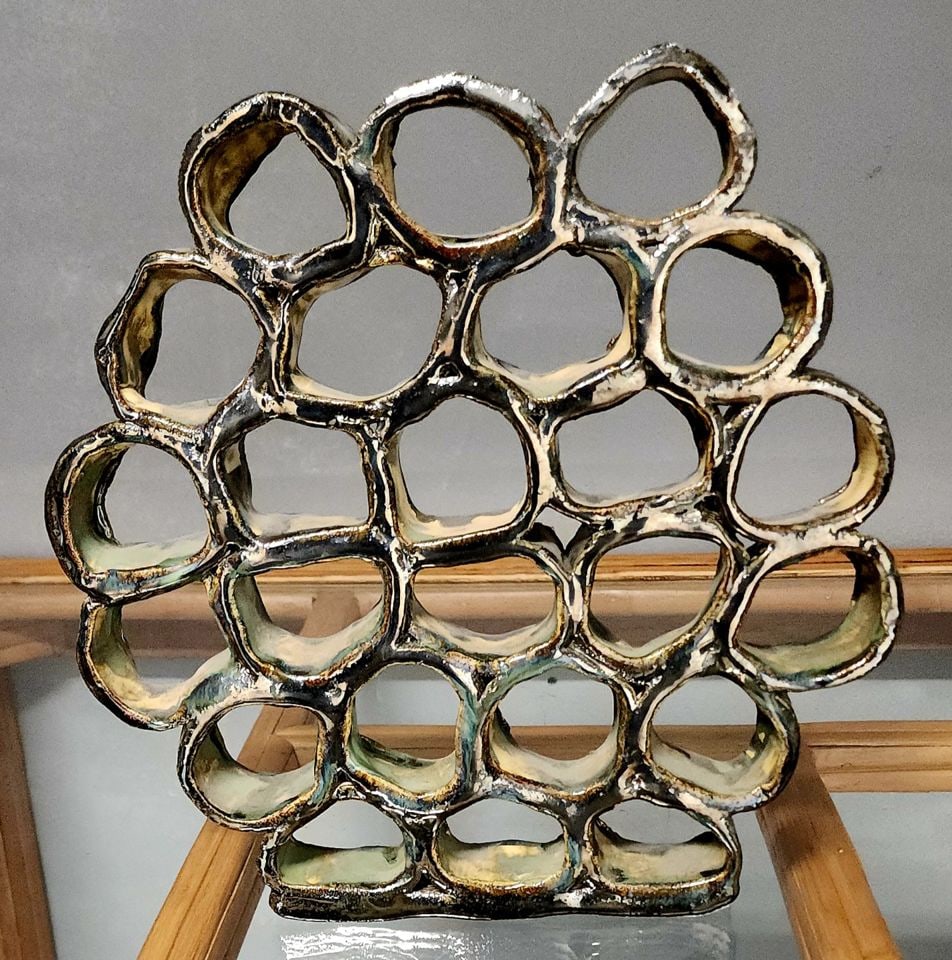 Mid-century brutalist abstract ceramic sculpture w/ great negative space & tessellated form. Signed. - 6