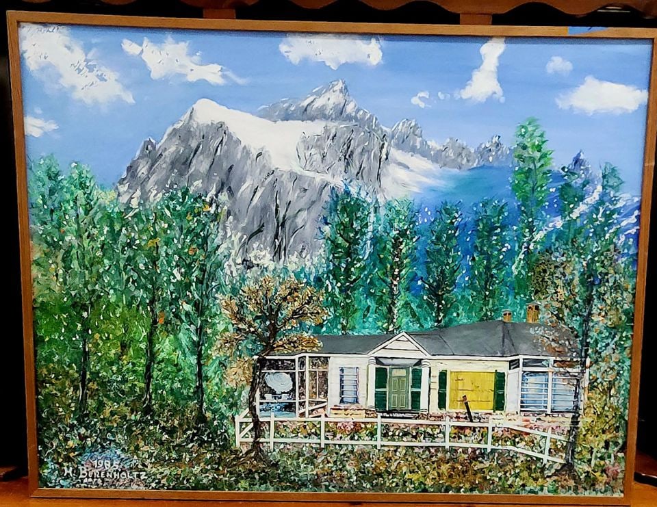 H. Berenholtz, 48x40 signed 1985 textured impressionist country landscape mixed media oil painting. - 2