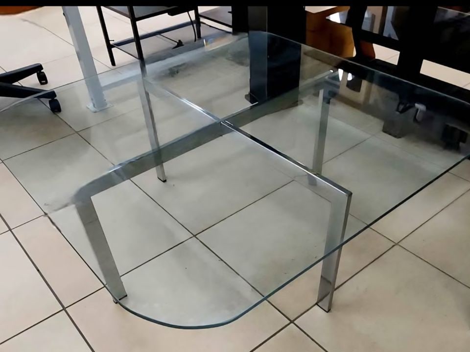 Style of Milo Baughman vintage 40"sq mid-century mod glass & chrome coffee table w/ rounded corners - 3