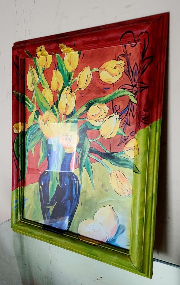 2 of 2 Vintage abstract expressionist paintings under glass w/ hand-painted frame extending image. - 3