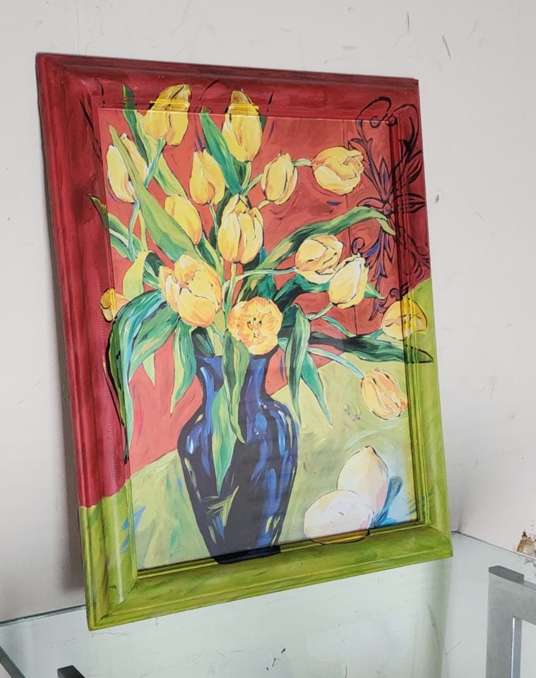 2 of 2 Vintage abstract expressionist paintings under glass w/ hand-painted frame extending image. - 5