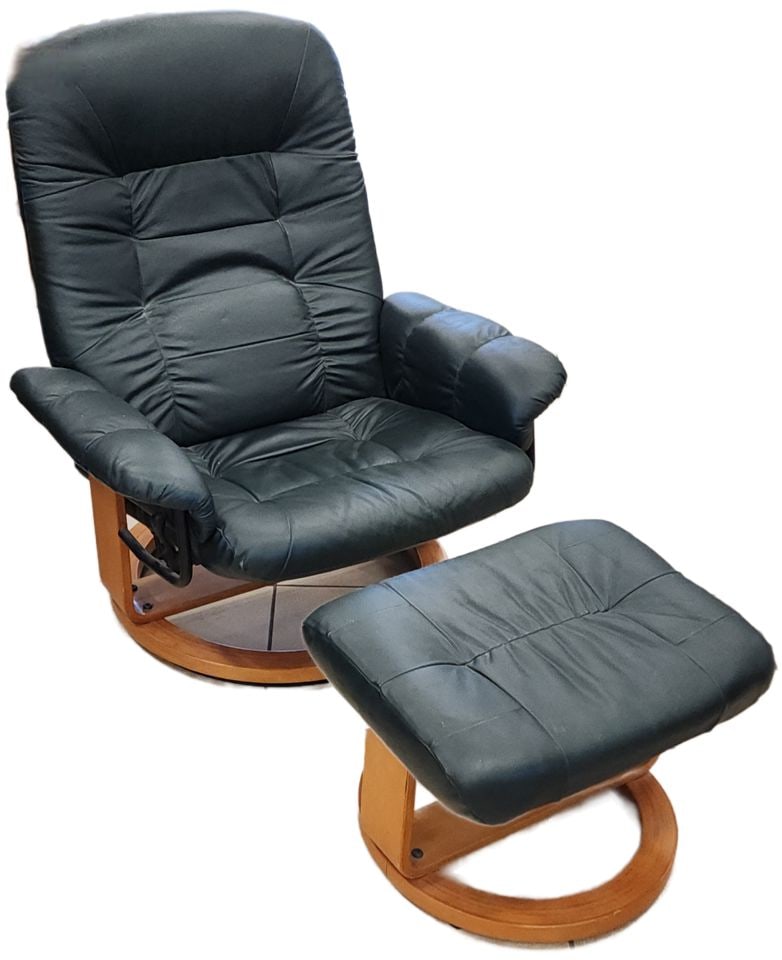 Scandinavian Stressless Style Mid-Century Modern Leather & Teak Recliner Chair & Ottoman. Not - 2