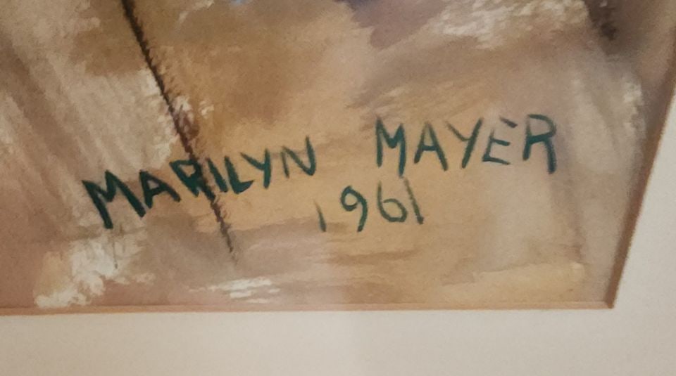 Marilyn Mayer, "Home Sweet Home" signed 1961 original 25"x29" watercolor under non-glare glass. - 3