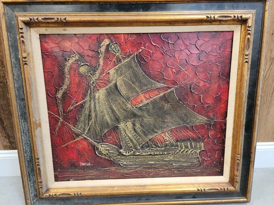 Danton mid-century impressionist oil painting depicting a golden pirate ship against the backdrop of - 2