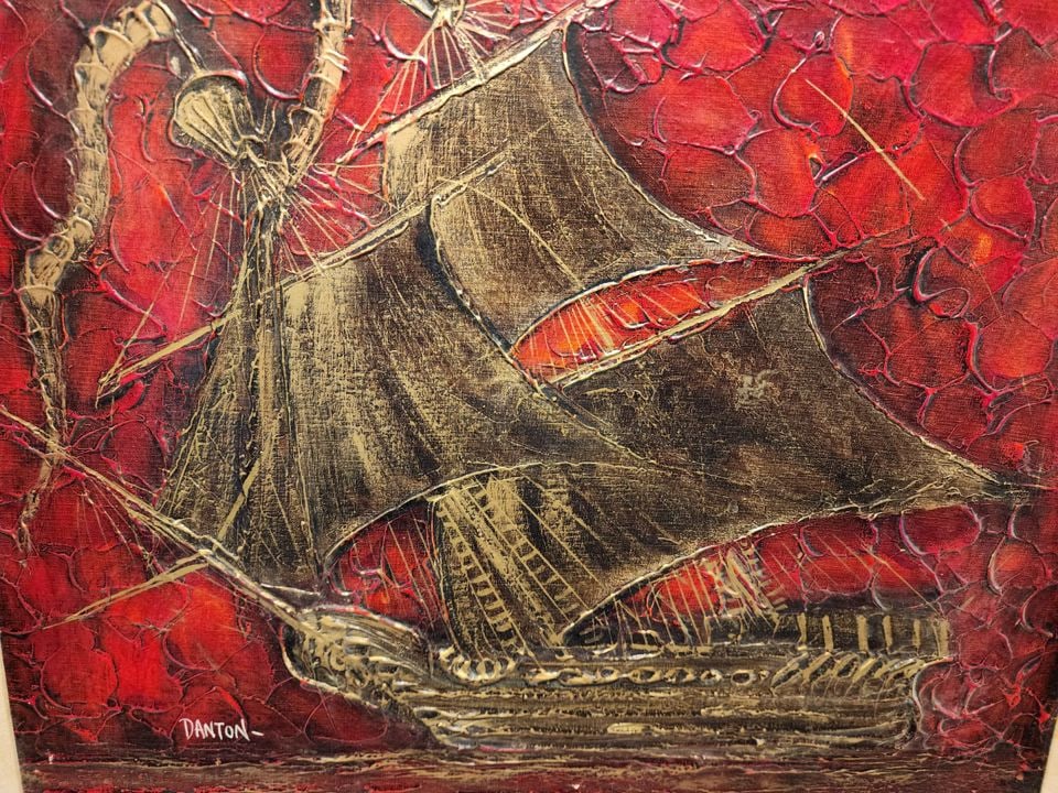 Danton mid-century impressionist oil painting depicting a golden pirate ship against the backdrop of - 4
