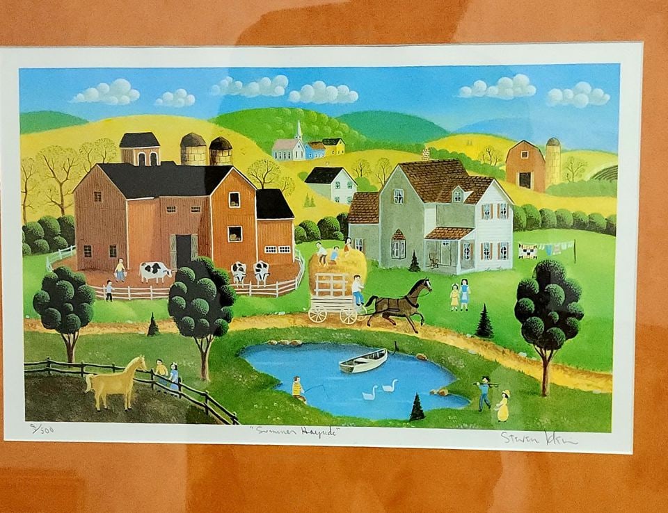 Steven Klein, vintage Ltd. Edition primitive style folk art print Summer Hayride under glass - 2