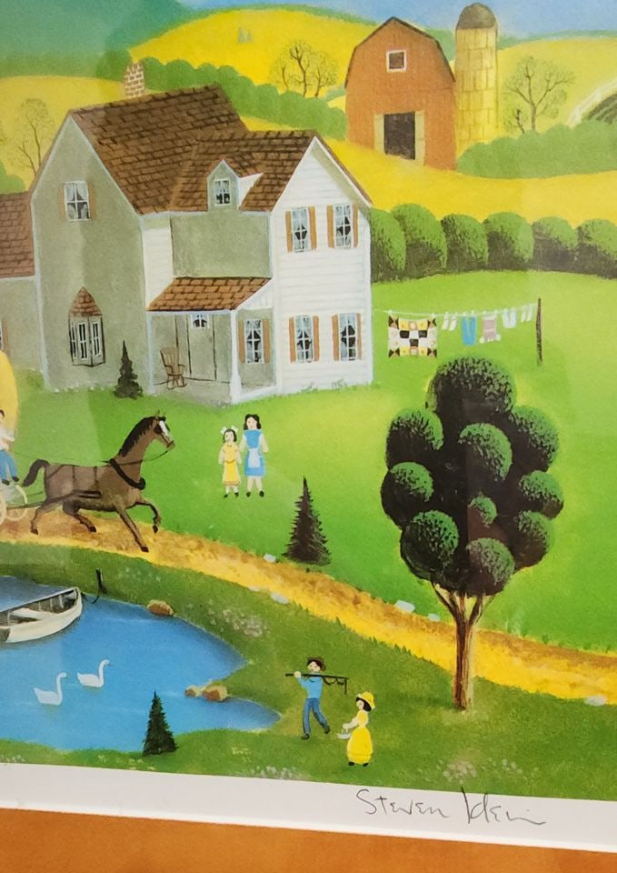 Steven Klein, vintage Ltd. Edition primitive style folk art print Summer Hayride under glass - 5