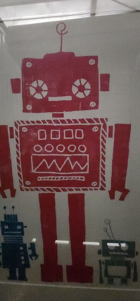 If you love robots, this is for you. Vintage Ikea print of retro-robot family. Facsimile signed. - 3