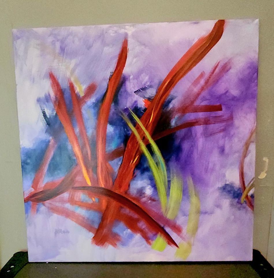 Alfred DiMaio, Signed original acrylic vivid abstract painting on linen titled "Red Friends". 36x36 - 2