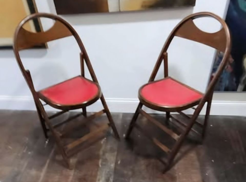 Pair of rare antique wood and vinyl folding chairs - 2