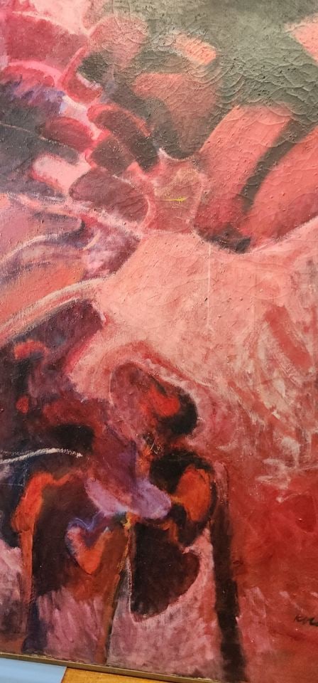 Powerful 41"x 51" mid-century abstract oil painting. Signed, Circa 1962 - 2