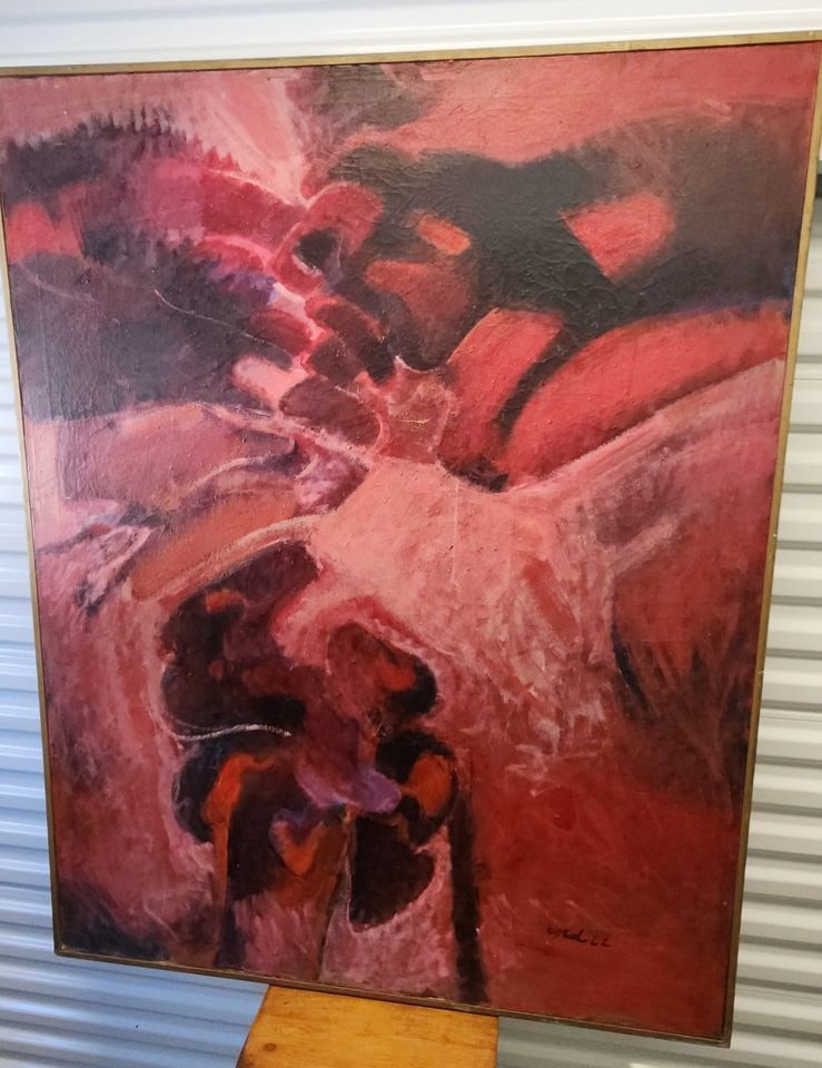 Powerful 41"x 51" mid-century abstract oil painting. Signed, Circa 1962 - 3