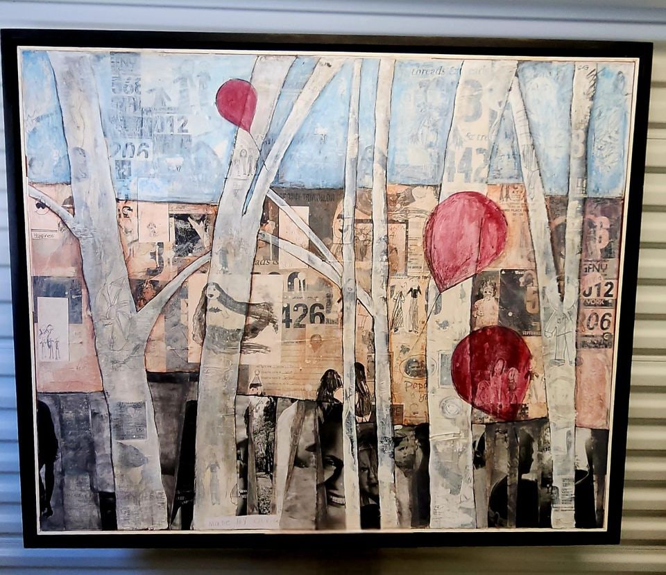 By Olivia... fabulous unique 40x60 mixed media abstract oil painting w/ wonderful messages & imagery