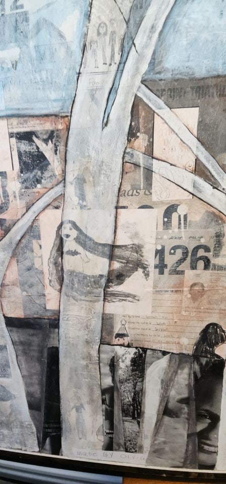 By Olivia... fabulous unique 40x60 mixed media abstract oil painting w/ wonderful messages & imagery - 8