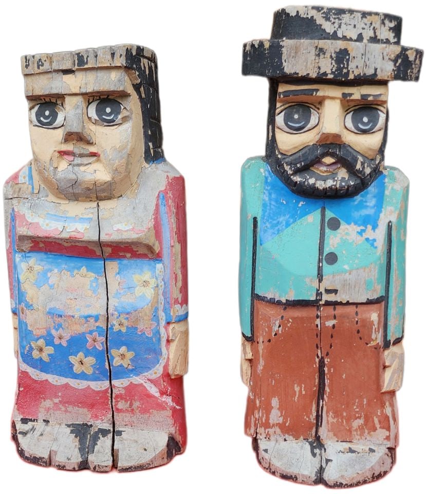 Judaica Art • Pair of incredible Vintage hand-painted folk art wooden carved Hasidic figures - 2