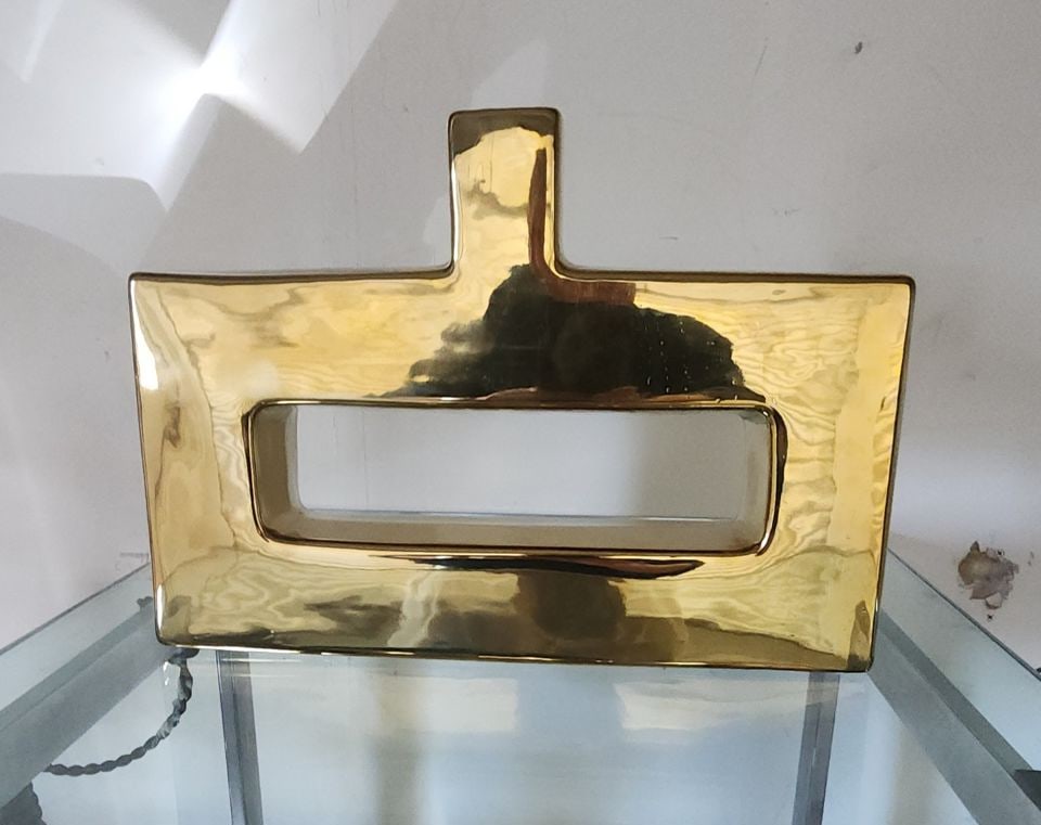 Stunning large Modernist ceramic architectural constructivist sculpture vase w/ brilliant gold glaze - 2