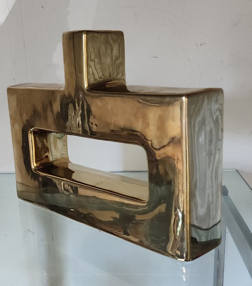 Stunning large Modernist ceramic architectural constructivist sculpture vase w/ brilliant gold glaze - 5