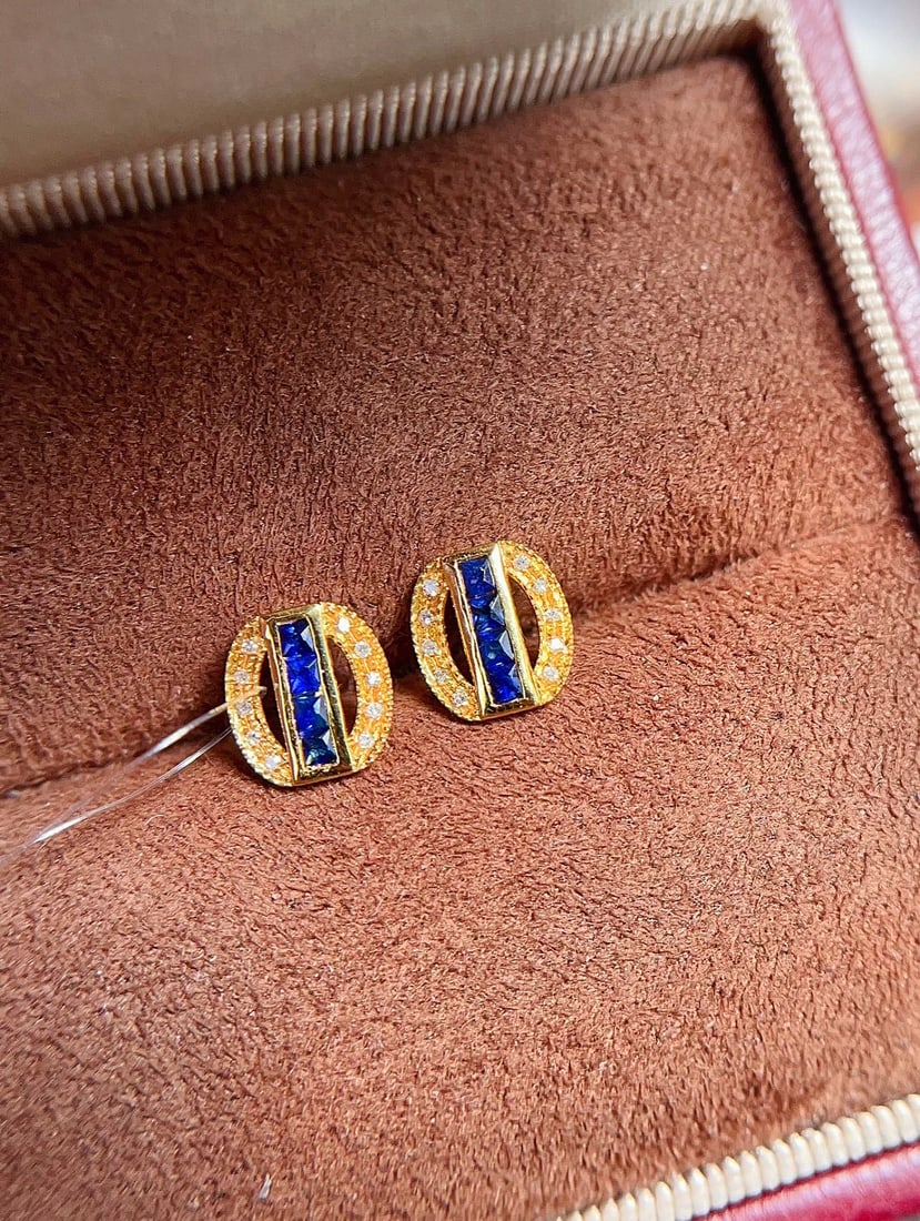 18K Gold Sapphire Stud Earrings with Diamond Inlay - 2
