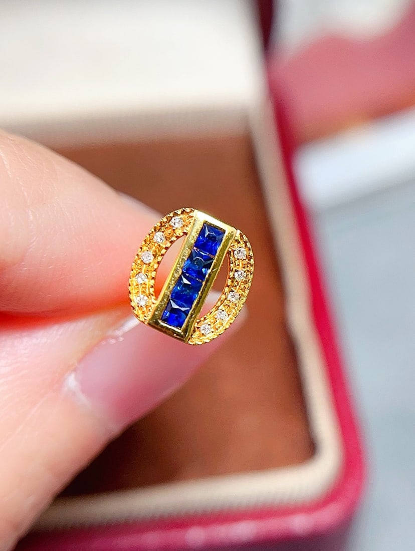 18K Gold Sapphire Stud Earrings with Diamond Inlay - 3