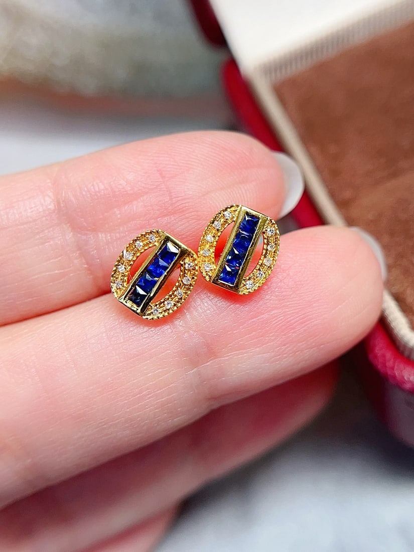 18K Gold Sapphire Stud Earrings with Diamond Inlay - 4
