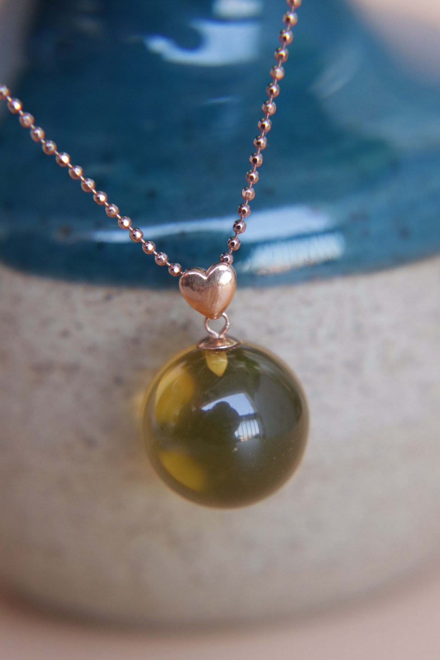 18K Gold Blue Amber Pendant - 4