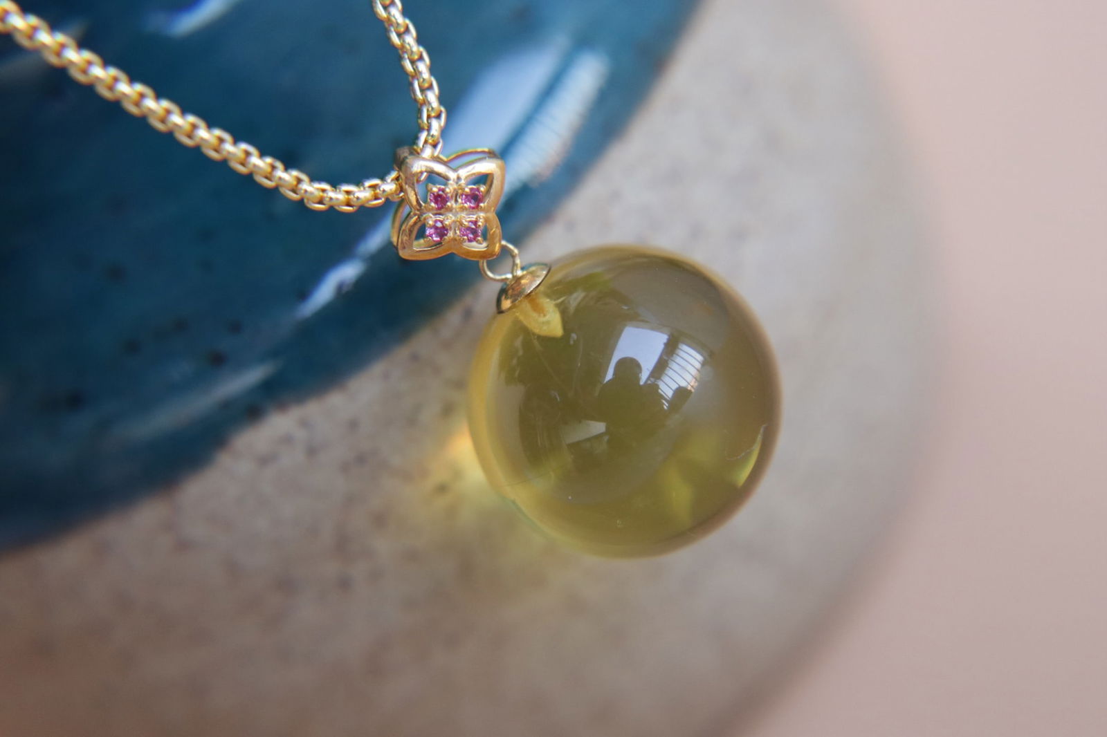 18K Gold Blue Amber Pendant - 3